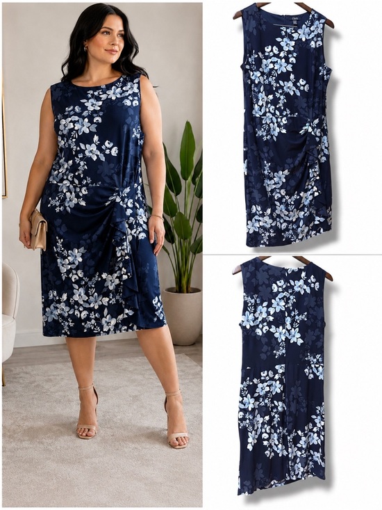 Chaps Dresses & Skirts - Chaps | NWOT Navy Floral Ruched Ruffle Sleeveless Twist-Detail Sheath Dress (XL)